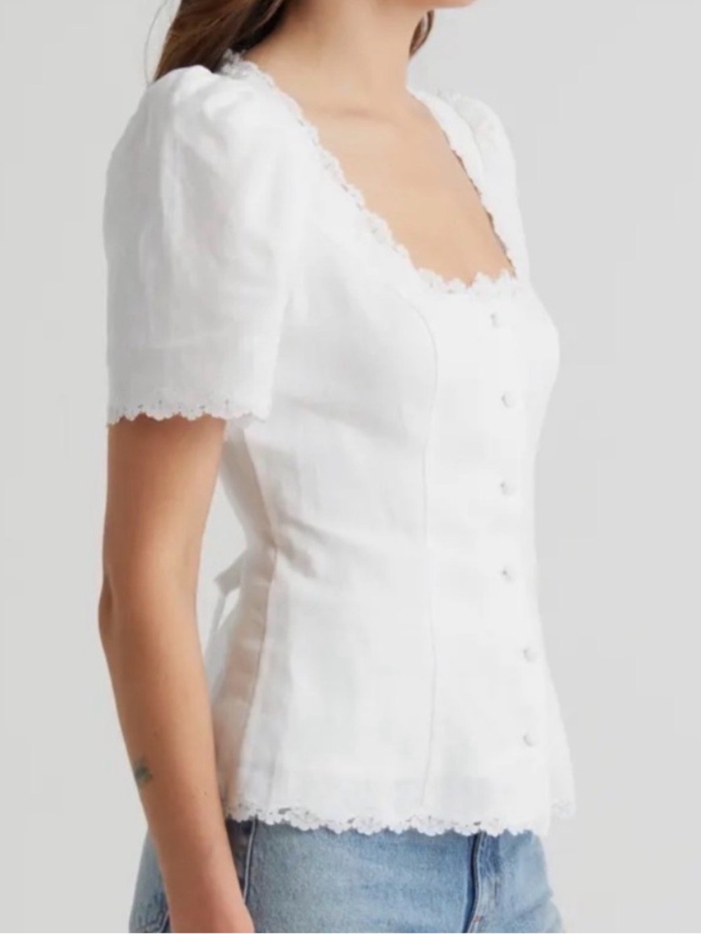 Reformation Annabella top linen White Lace-Trim Puff Sleeve Blouse size 10 - Picture 2 of 9